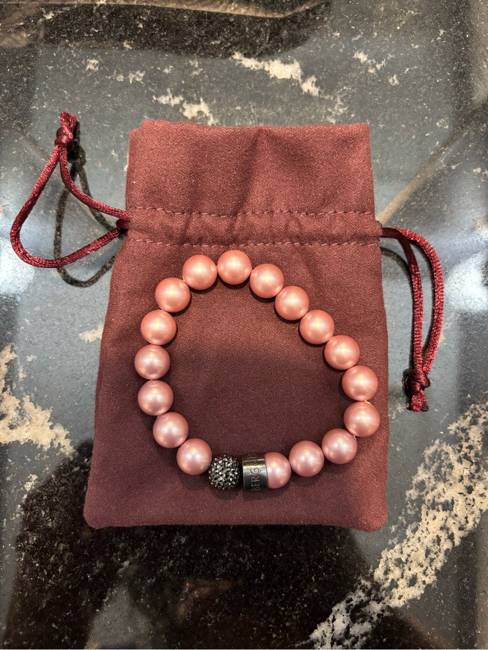 Pink Pearl Stretch Bracelet with Black Sparkle Ball